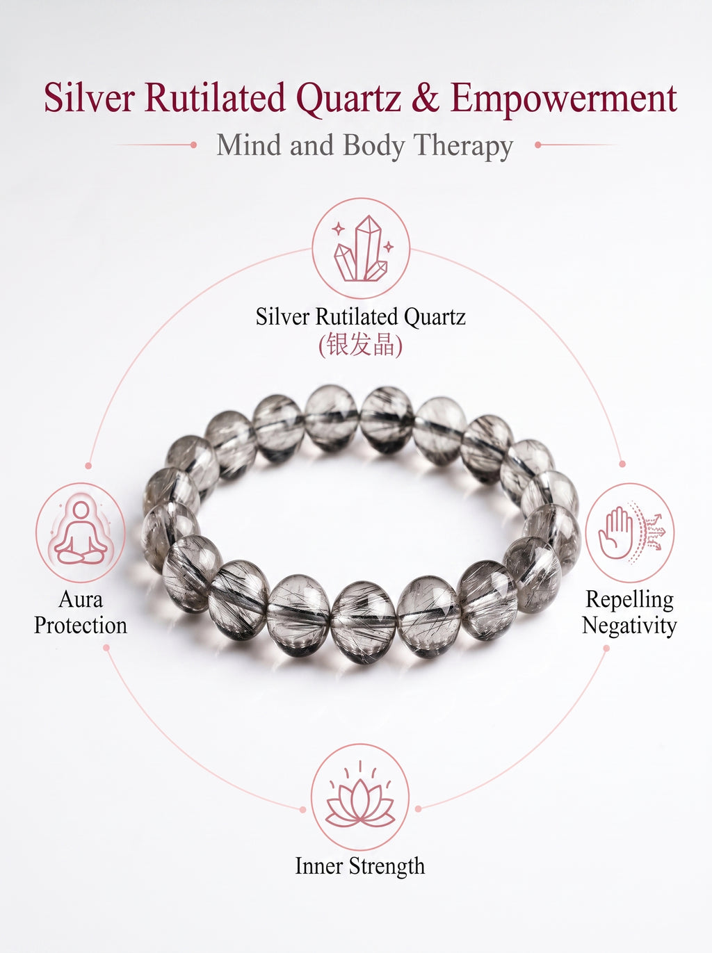Premium Silver Rutilated Quartz Beaded Bracelet | Hand-Polished Natural Gemstone Jewelry for Wisdom & Confidence