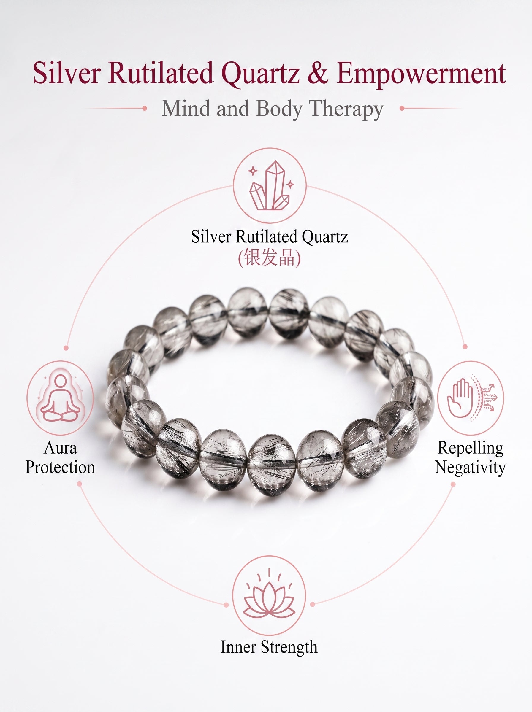 Premium Silver Rutilated Quartz Beaded Bracelet | Hand-Polished Natural Gemstone Jewelry for Wisdom & Confidence