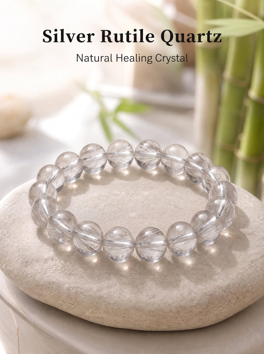 Premium Silver Rutilated Quartz Beaded Bracelet | Hand-Polished Natural Gemstone Jewelry for Wisdom & Confidence