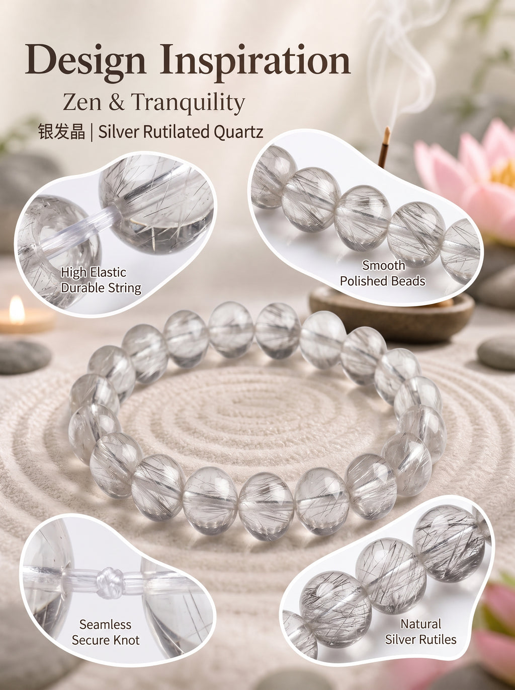Premium Silver Rutilated Quartz Beaded Bracelet | Hand-Polished Natural Gemstone Jewelry for Wisdom & Confidence