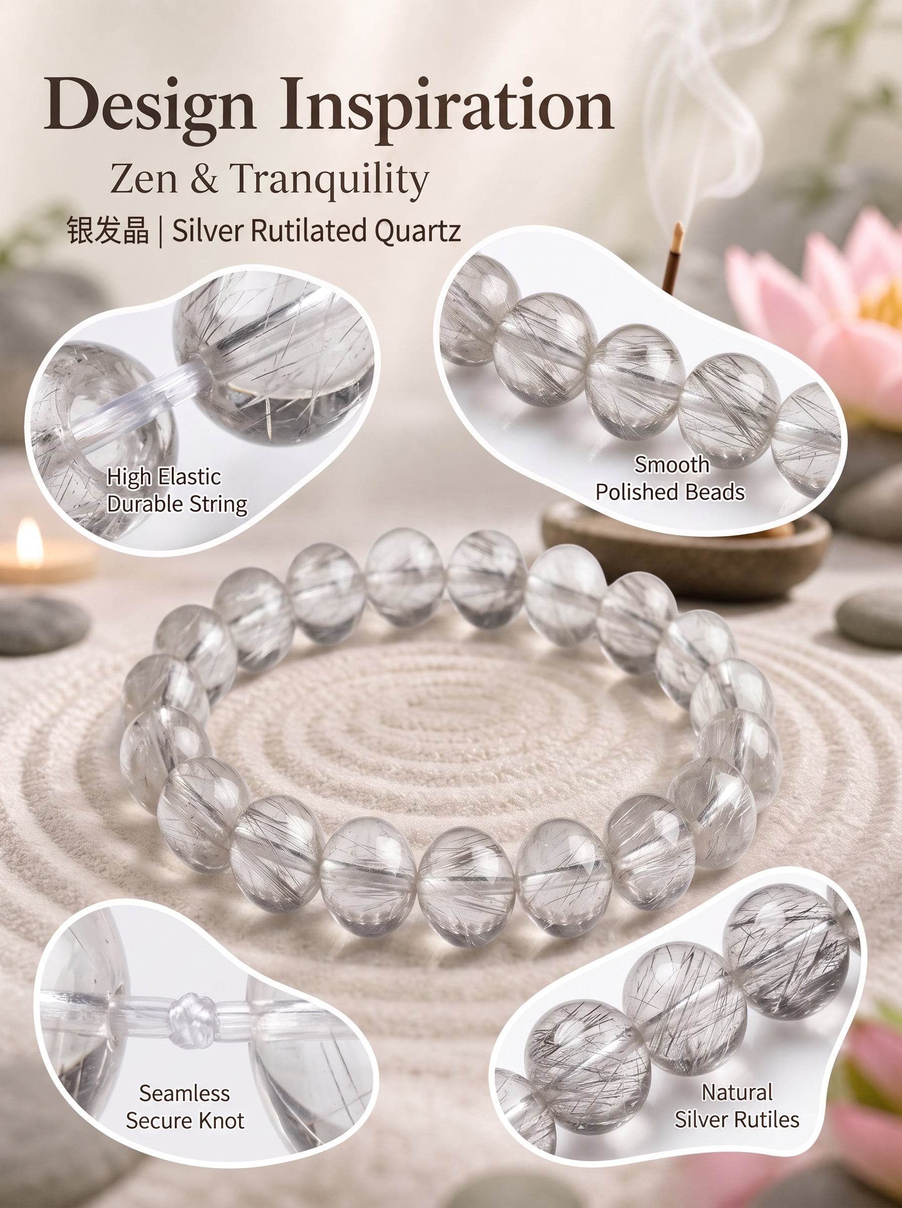 Premium Silver Rutilated Quartz Beaded Bracelet | Hand-Polished Natural Gemstone Jewelry for Wisdom & Confidence