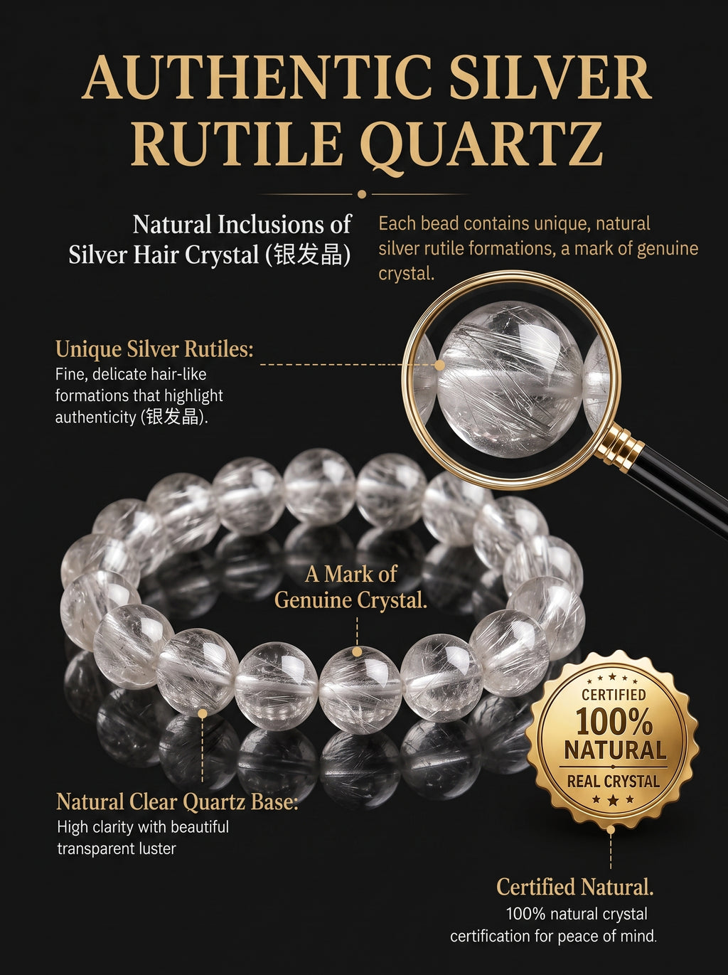 Premium Silver Rutilated Quartz Beaded Bracelet | Hand-Polished Natural Gemstone Jewelry for Wisdom & Confidence