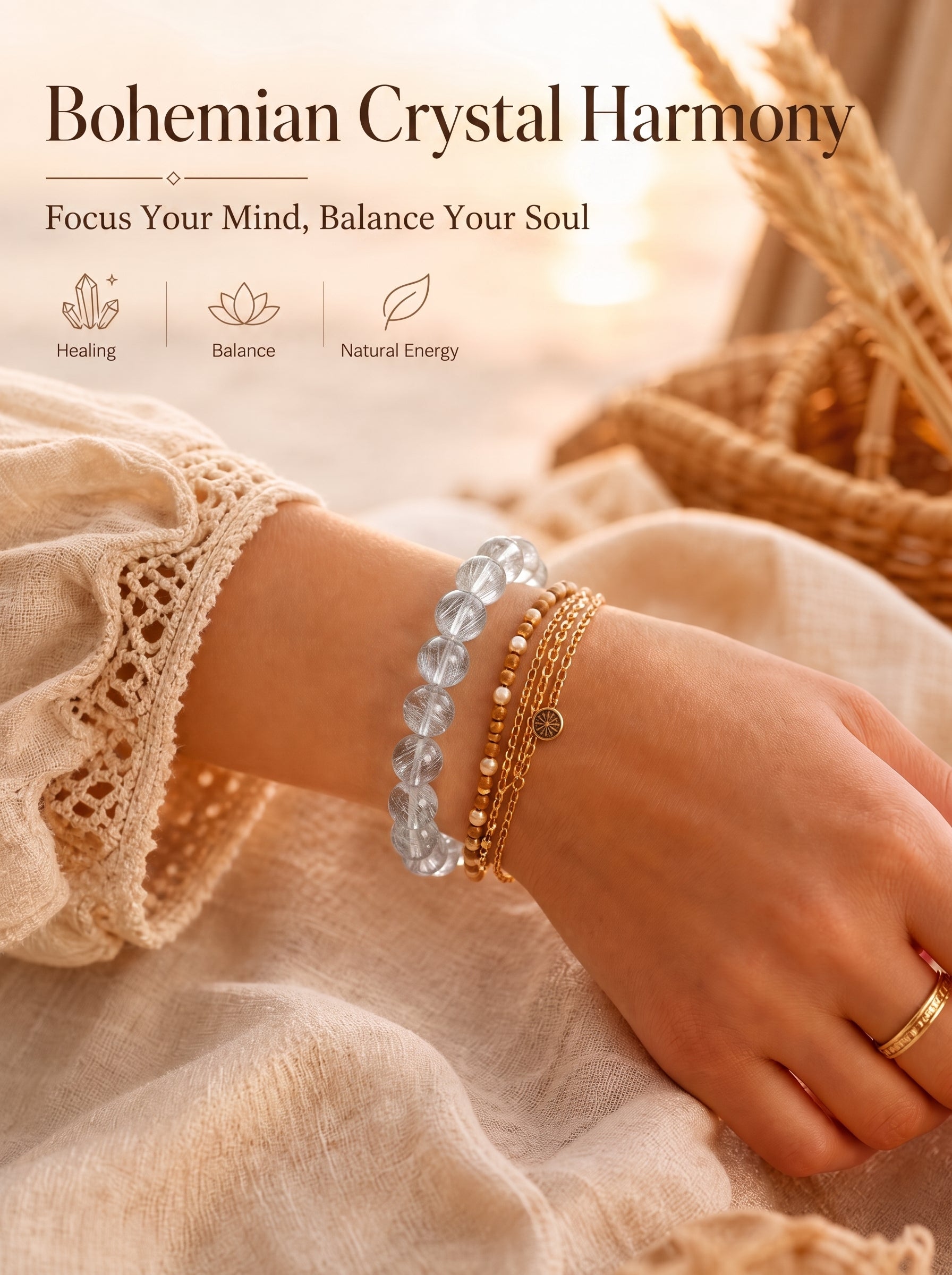 Premium Silver Rutilated Quartz Beaded Bracelet | Hand-Polished Natural Gemstone Jewelry for Wisdom & Confidence