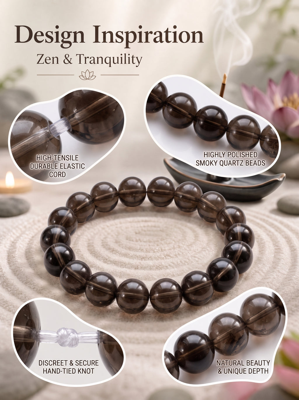 Premium Smoky Quartz Beaded Bracelet | Hand-Polished Natural Gemstone Jewelry for Mindfulness & Clarity