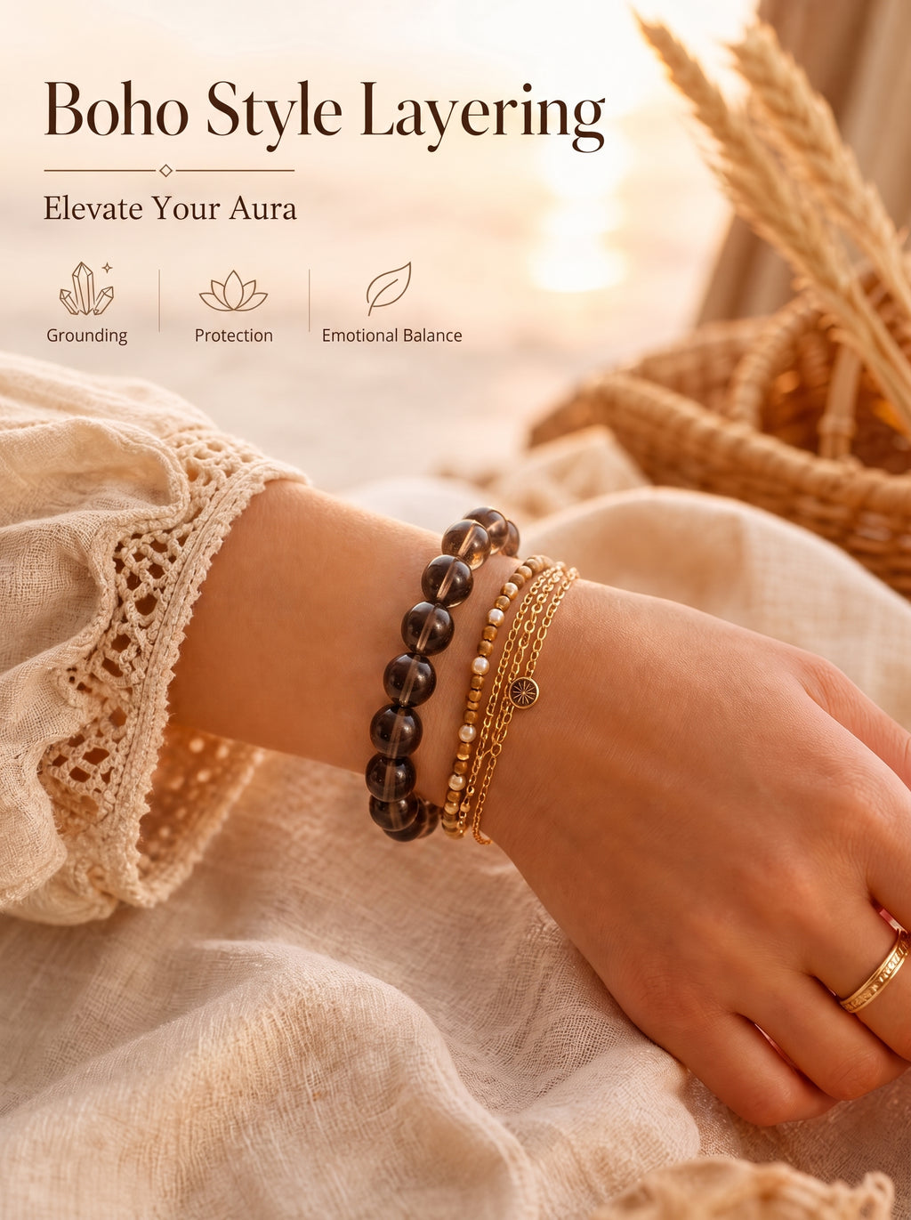 Premium Smoky Quartz Beaded Bracelet | Hand-Polished Natural Gemstone Jewelry for Mindfulness & Clarity