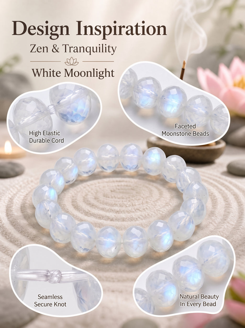 Premium White Moonstone Beaded Bracelet | Hand-Polished Natural Gemstone Jewelry for Clarity & Grace