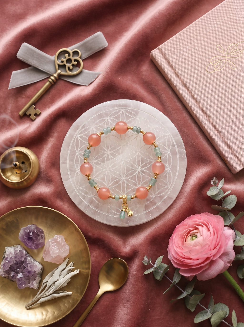 "Seek Blossom" Premium Natural Moss Agate & Phantom Quartz Bracelet: Heart & Throat Chakra Alignment, Wash Away Cognitive Fatigue & Manifest Executive Clarity