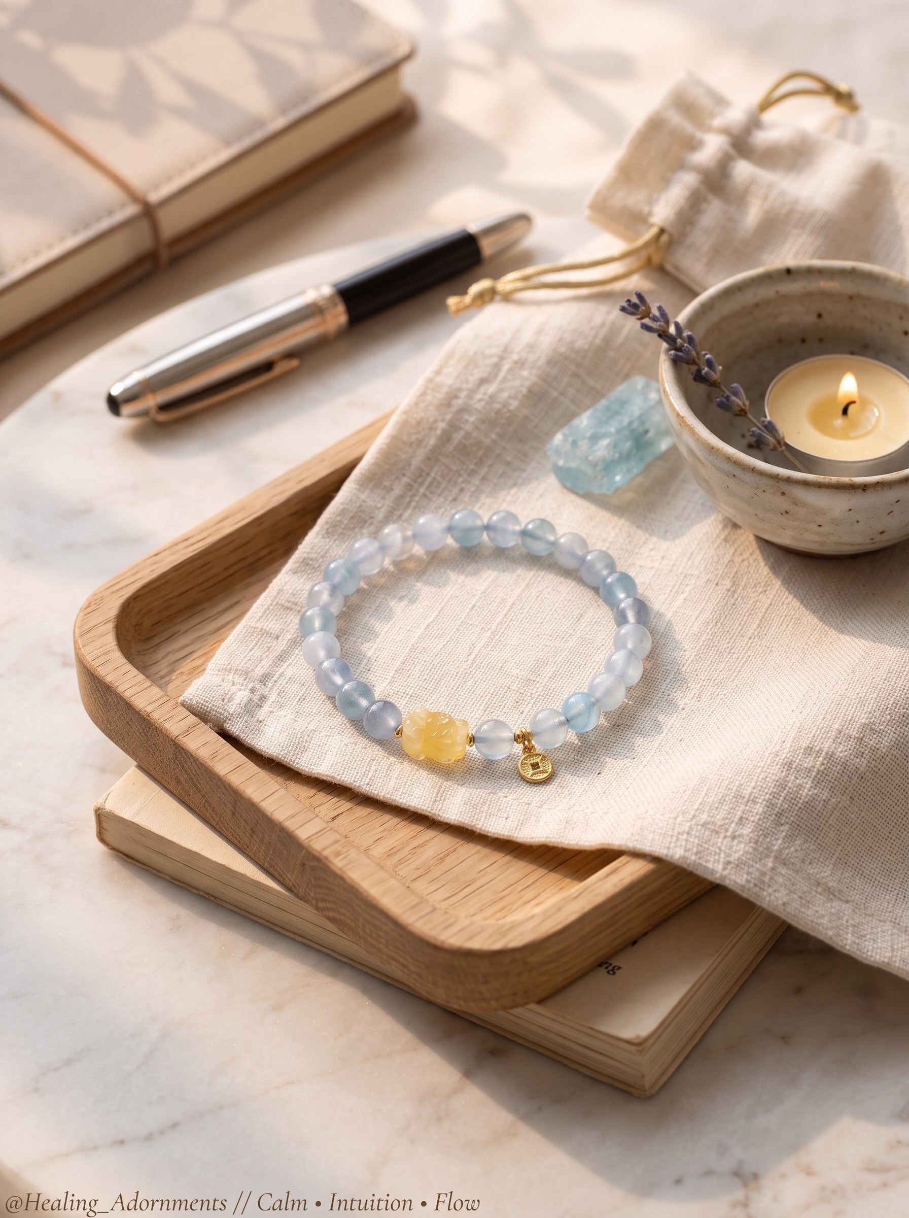 "Deep Sea Gold" Premium Natural Aquamarine & Amber Composite Energy Bracelet: Throat & Solar Plexus Alignment, Dissolve Communication Anxiety & Manifest Executive Authority