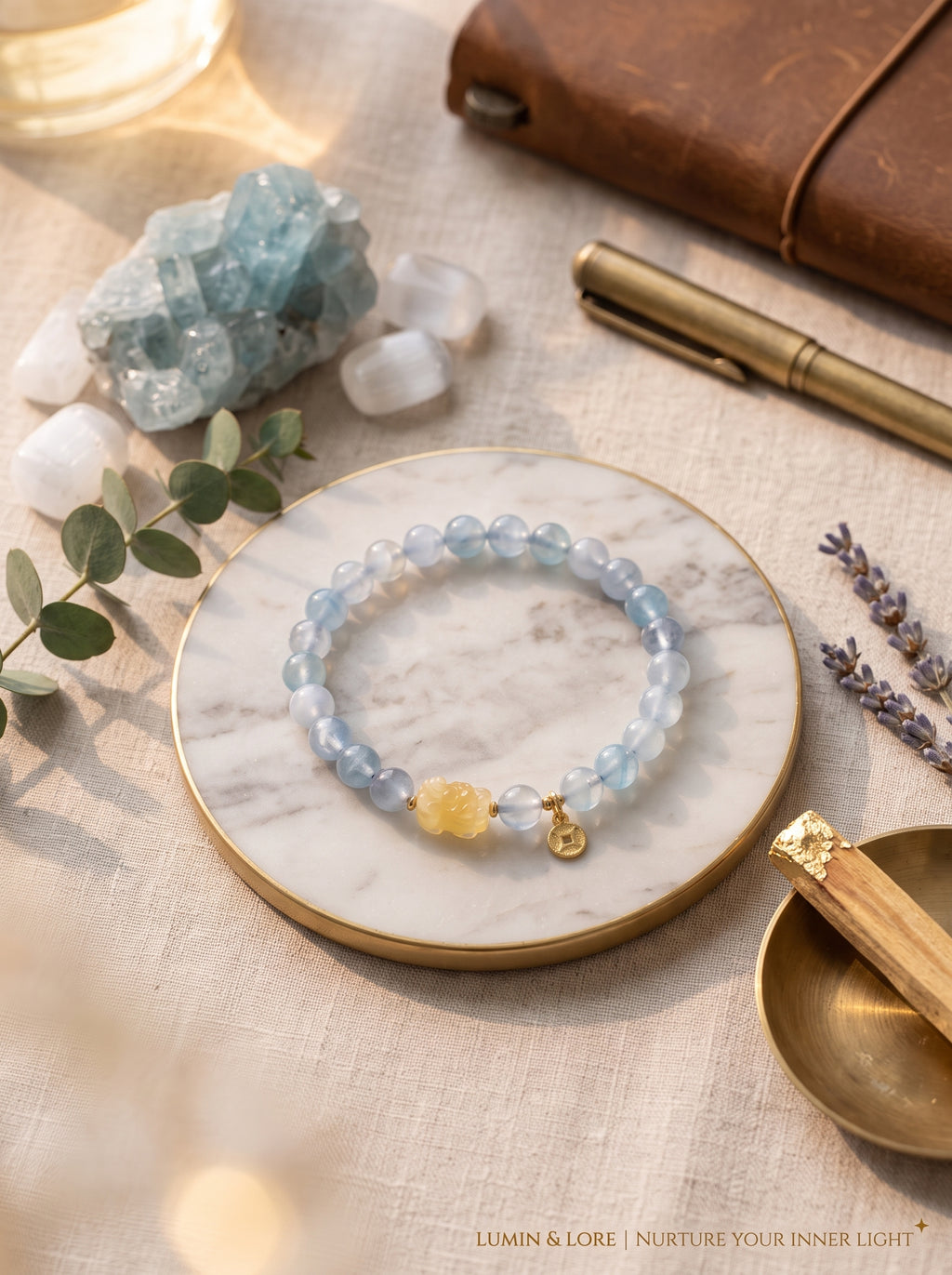 "Deep Sea Gold" Premium Natural Aquamarine & Amber Composite Energy Bracelet: Throat & Solar Plexus Alignment, Dissolve Communication Anxiety & Manifest Executive Authority