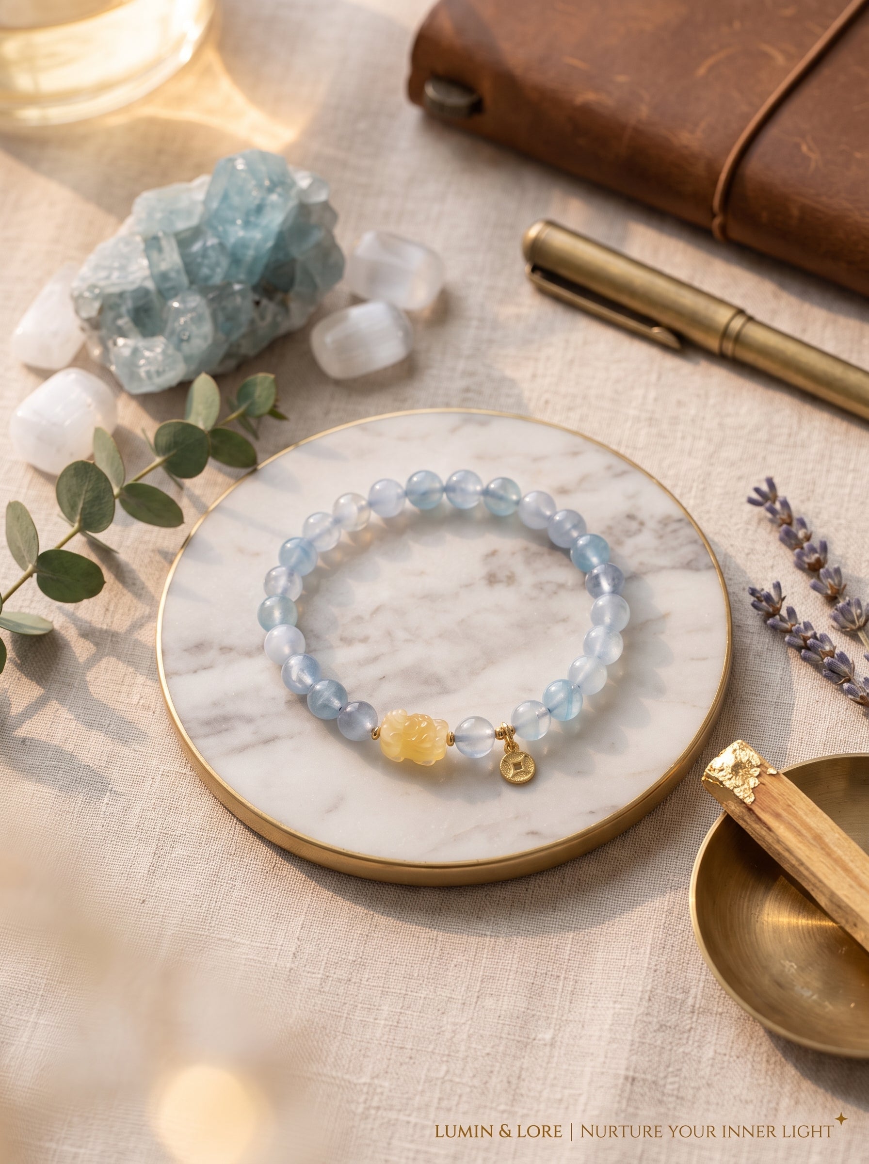 "Deep Sea Gold" Premium Natural Aquamarine & Amber Composite Energy Bracelet: Throat & Solar Plexus Alignment, Dissolve Communication Anxiety & Manifest Executive Authority