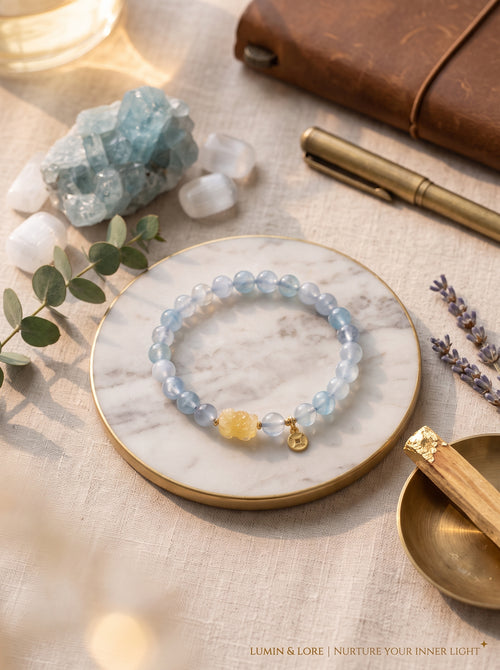 "Deep Sea Gold" Premium Natural Aquamarine & Amber Composite Energy Bracelet: Throat & Solar Plexus Alignment, Dissolve Communication Anxiety & Manifest Executive Authority