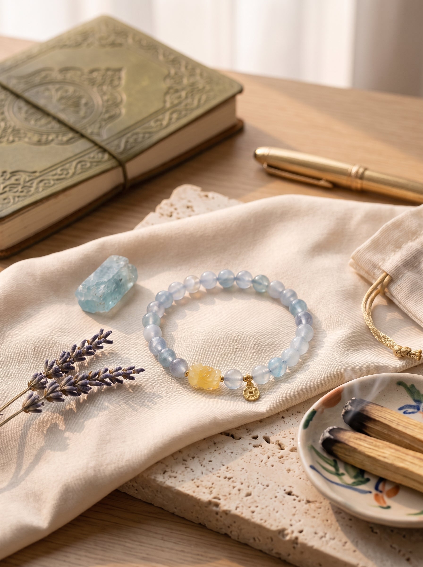 "Deep Sea Gold" Premium Natural Aquamarine & Amber Composite Energy Bracelet: Throat & Solar Plexus Alignment, Dissolve Communication Anxiety & Manifest Executive Authority