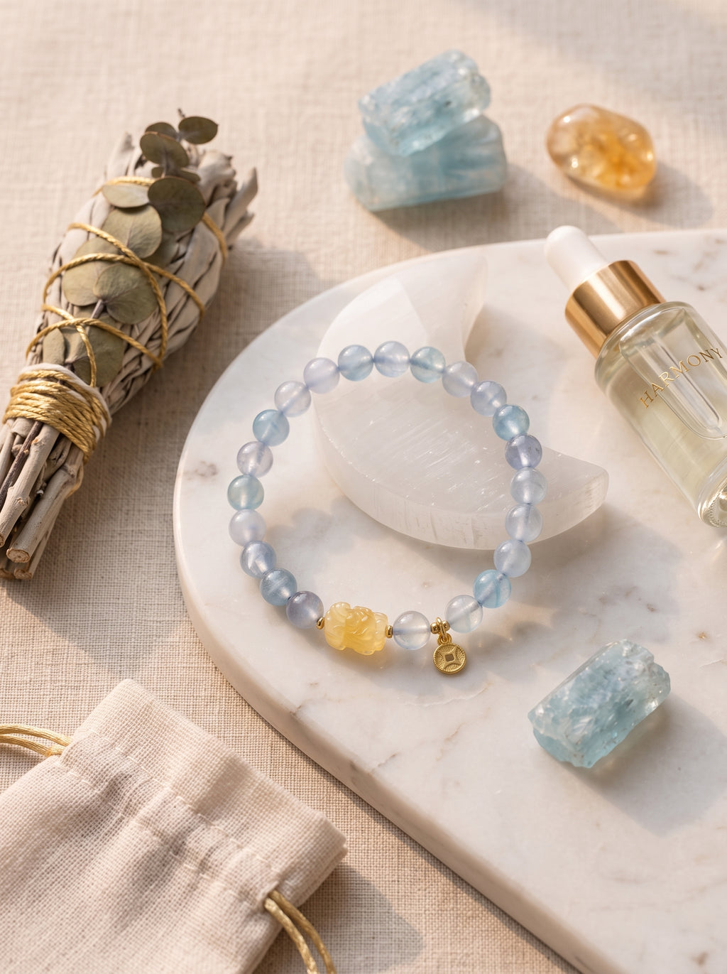 "Deep Sea Gold" Premium Natural Aquamarine & Amber Composite Energy Bracelet: Throat & Solar Plexus Alignment, Dissolve Communication Anxiety & Manifest Executive Authority