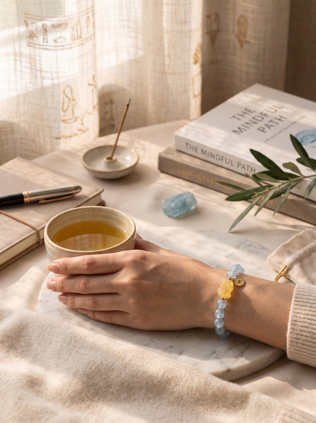 "Deep Sea Gold" Premium Natural Aquamarine & Amber Composite Energy Bracelet: Throat & Solar Plexus Alignment, Dissolve Communication Anxiety & Manifest Executive Authority