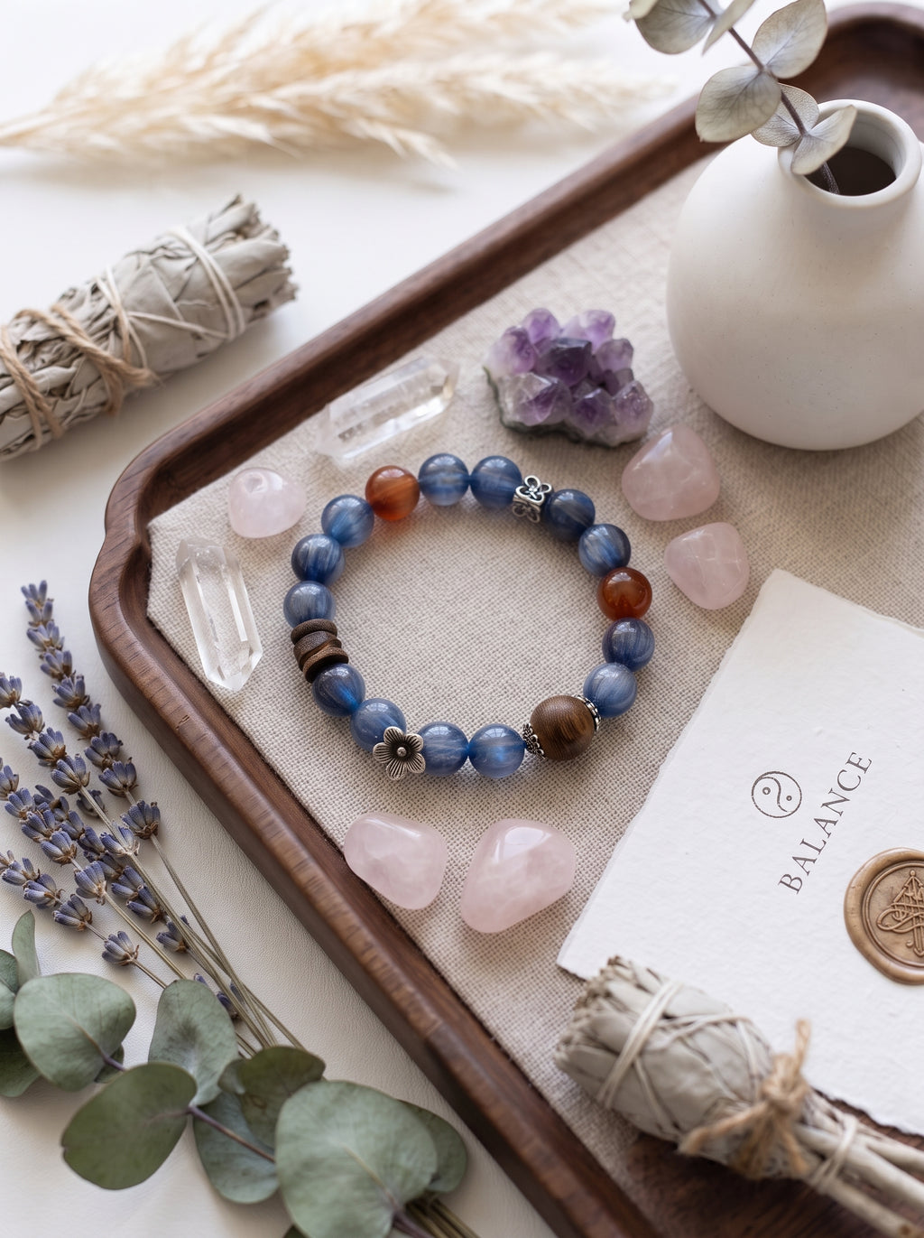 🪵The Resonance of Quiet Depth | Natural Kyanite, Rabbit-Hair Quartz & Agarwood Beaded Bracelet