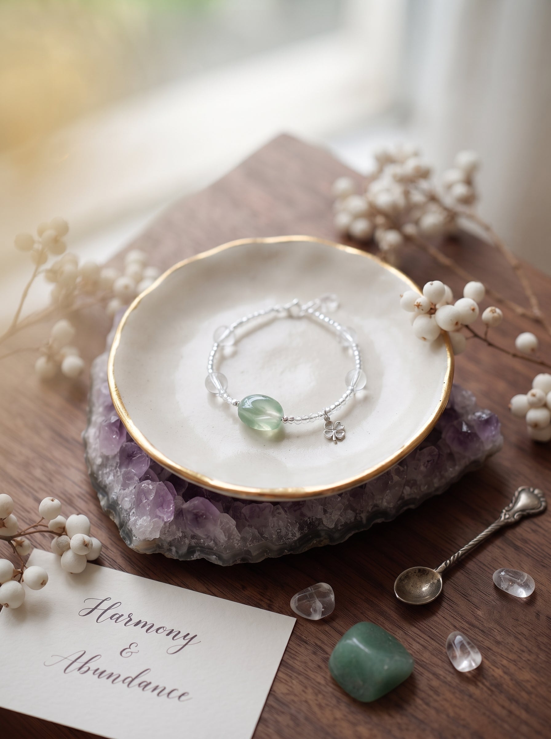 The Resonance of Foresight | Natural Clear Quartz & Prehnite Beaded Bracelet