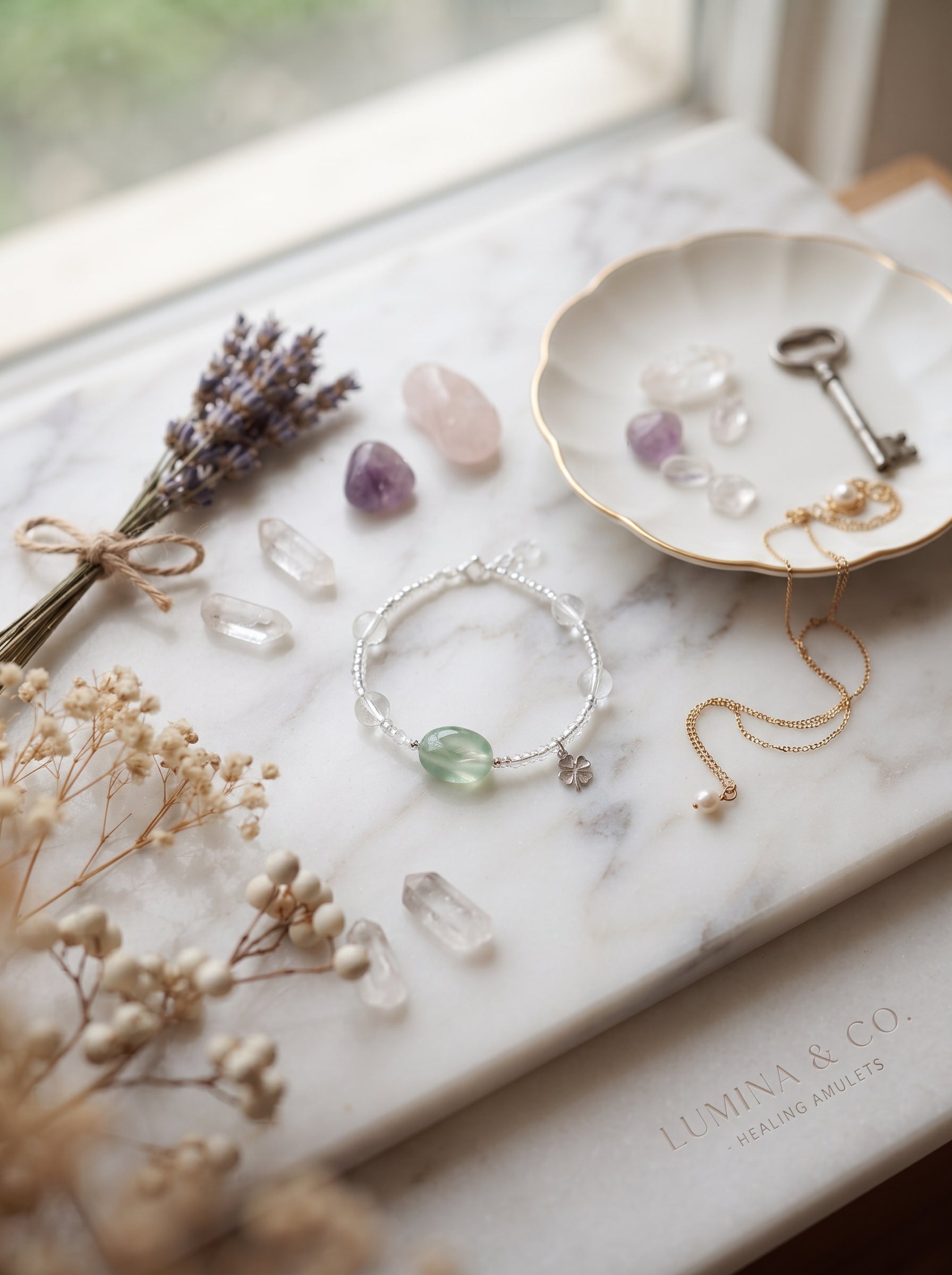The Resonance of Foresight | Natural Clear Quartz & Prehnite Beaded Bracelet