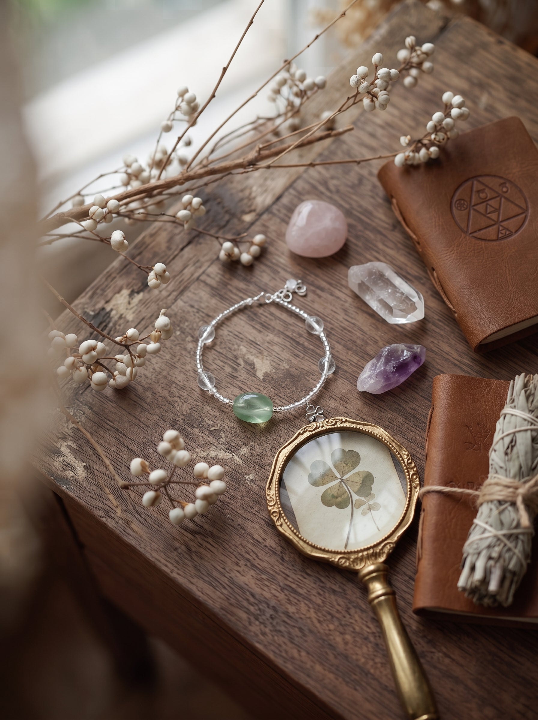 The Resonance of Foresight | Natural Clear Quartz & Prehnite Beaded Bracelet