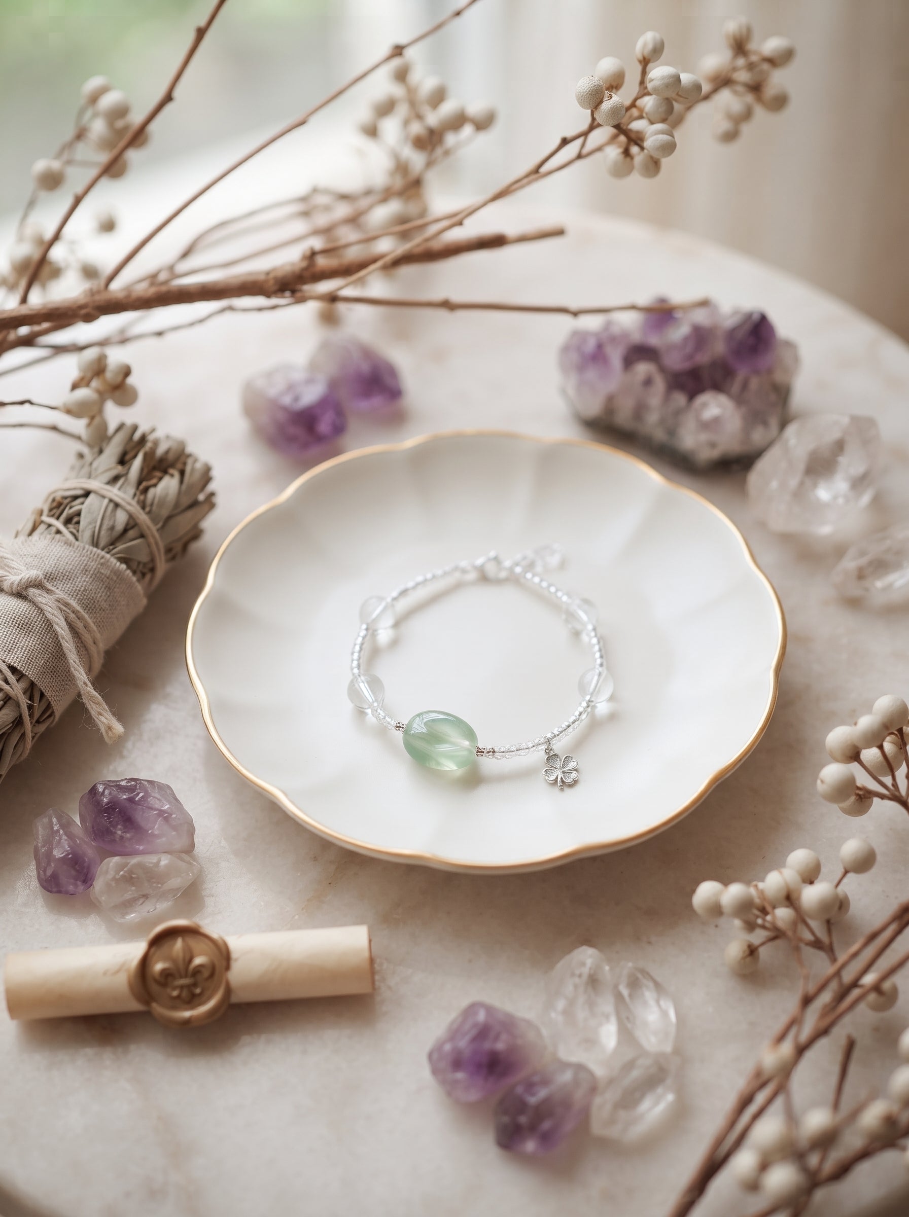 The Resonance of Foresight | Natural Clear Quartz & Prehnite Beaded Bracelet