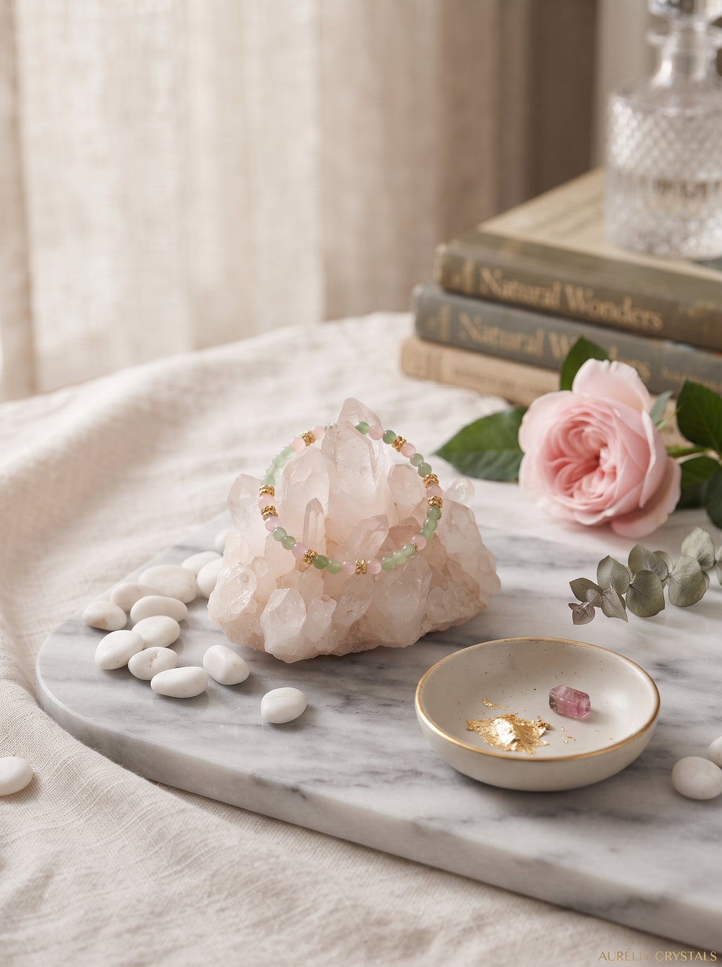 🌸  The Resonance of Serene Light | Natural Clear Quartz & Pale Pink Prehnite Beaded Bracelet