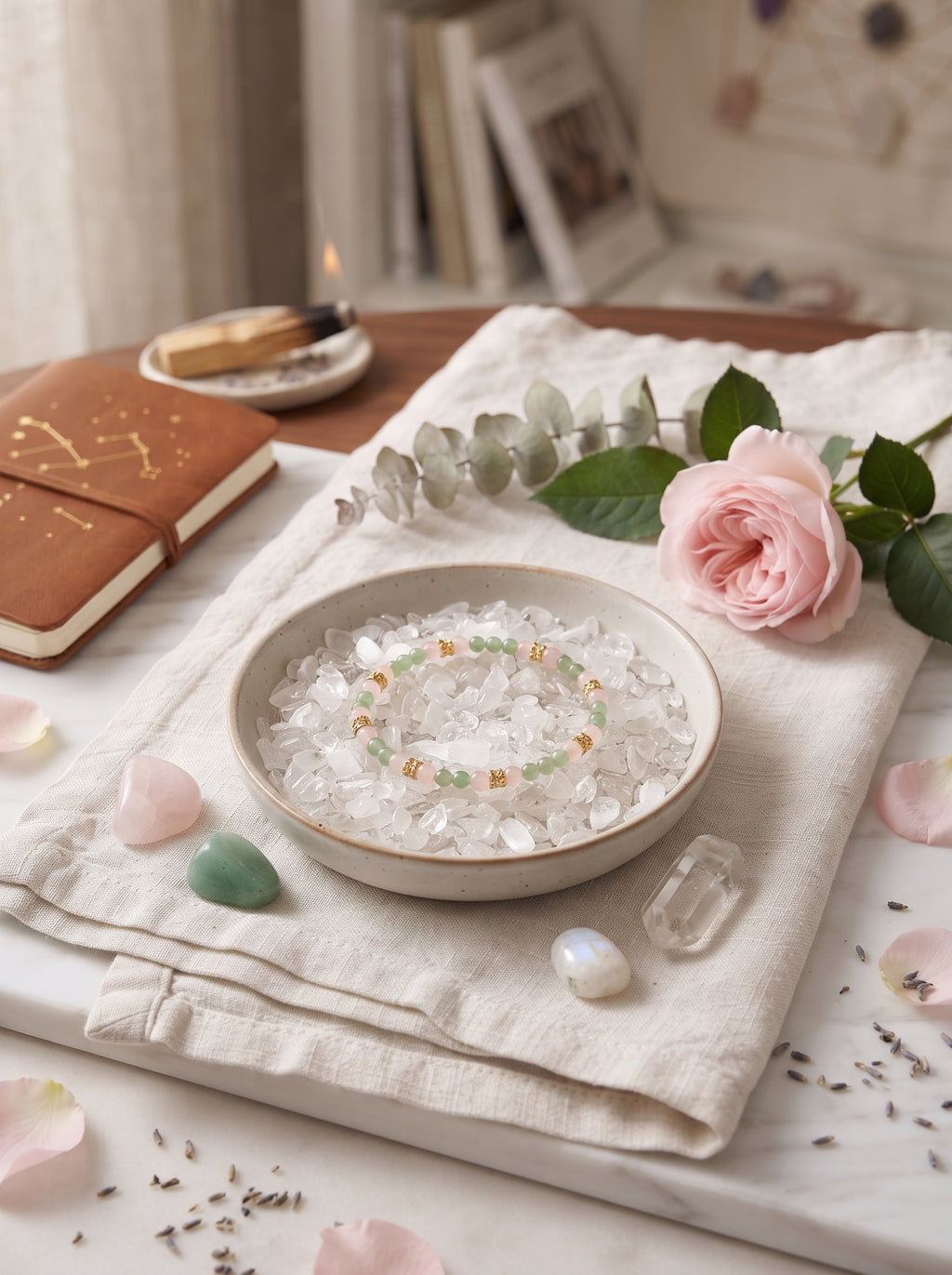 🌸  The Resonance of Serene Light | Natural Clear Quartz & Pale Pink Prehnite Beaded Bracelet