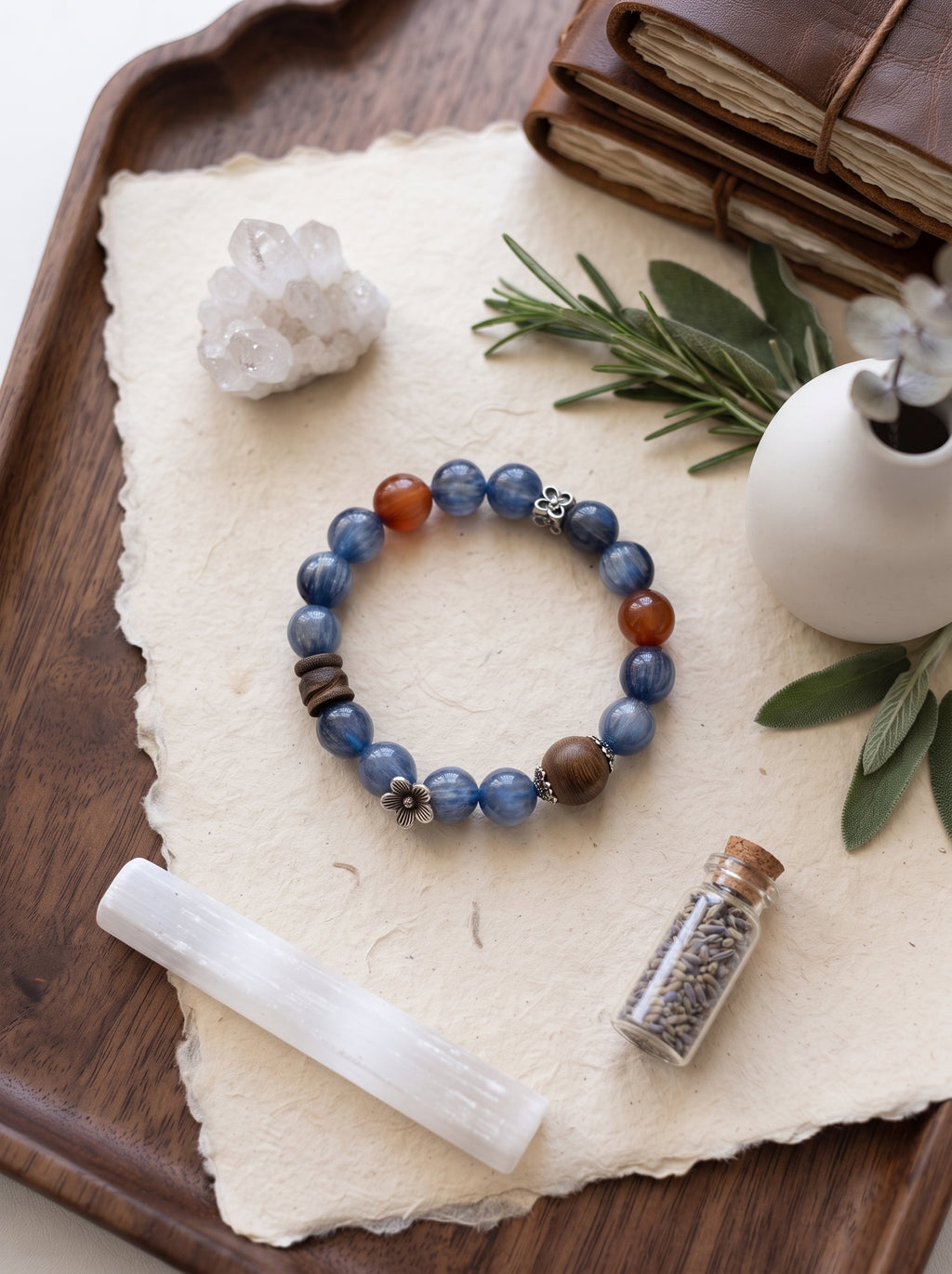 🪵The Resonance of Quiet Depth | Natural Kyanite, Rabbit-Hair Quartz & Agarwood Beaded Bracelet