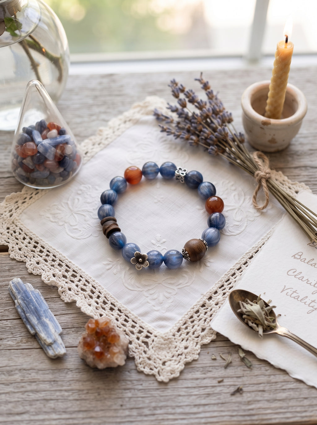 🪵The Resonance of Quiet Depth | Natural Kyanite, Rabbit-Hair Quartz & Agarwood Beaded Bracelet