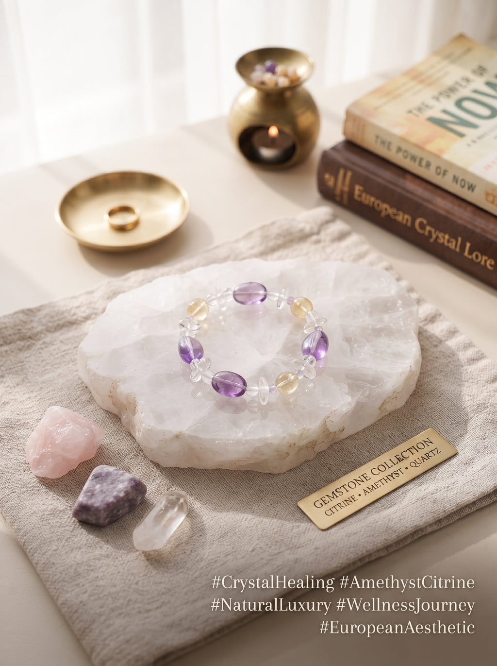💛 The Solar Prism | Natural Lemon Quartz, Prehnite, Amethyst & Citrine Beaded Bracelet