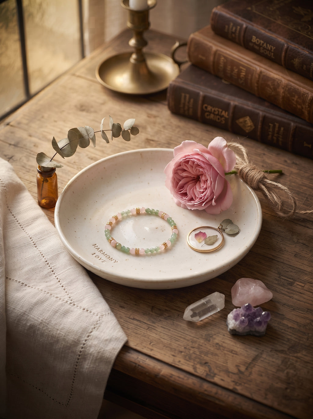 🌸  The Resonance of Serene Light | Natural Clear Quartz & Pale Pink Prehnite Beaded Bracelet