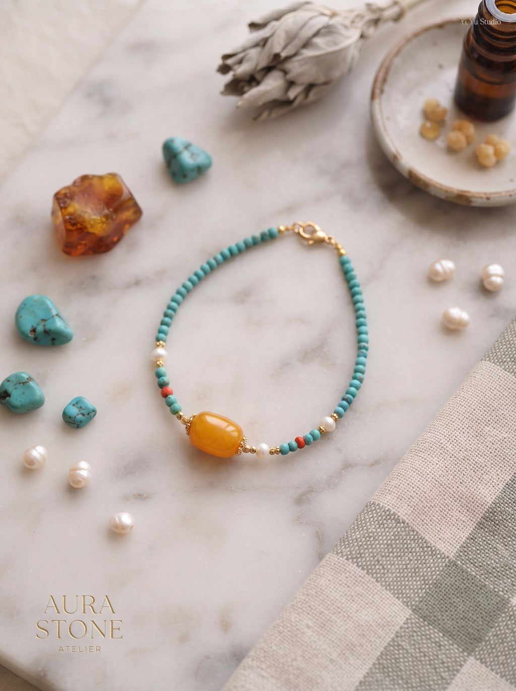The Resonance of Primal Balance | Natural Baltic Amber & Turquoise Beaded Bracelet