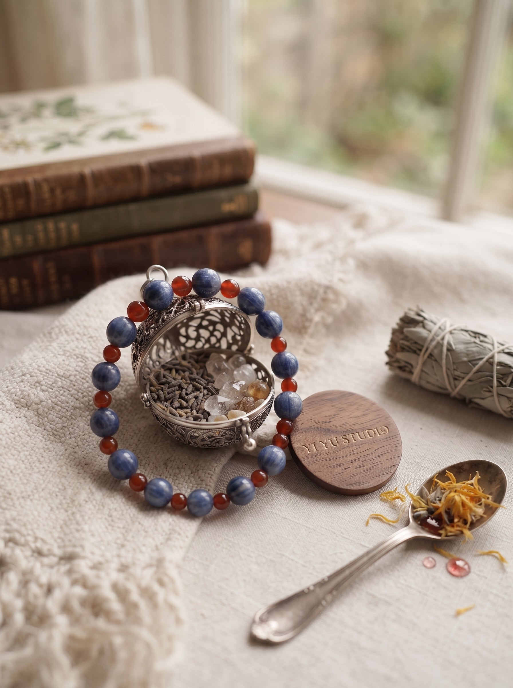❤️ The Kinetic Vector | Natural Cat's Eye Kyanite & Southern Red Agate Beaded Bracelet