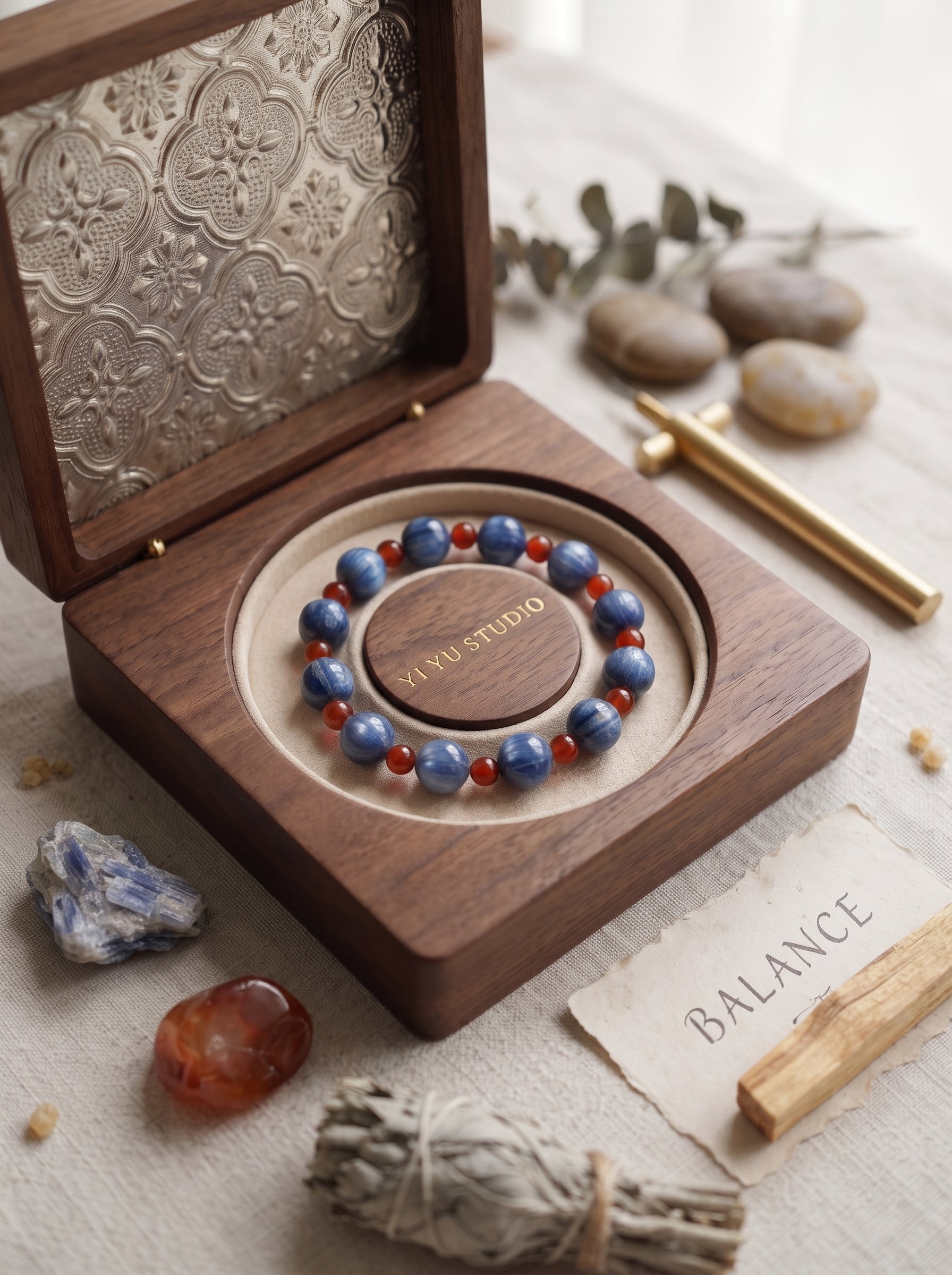 ❤️ The Kinetic Vector | Natural Cat's Eye Kyanite & Southern Red Agate Beaded Bracelet