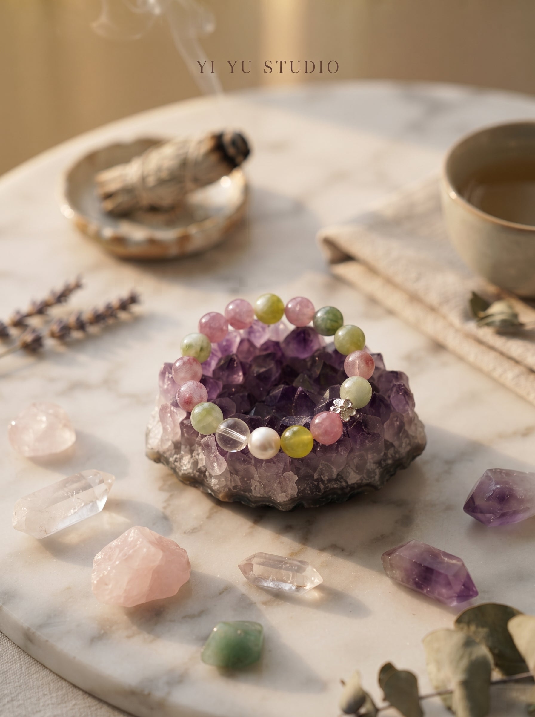 🤍 The Meadow Cream | Natural Morganite, Prehnite & Creamy Milky Quartz Beaded Bracelet