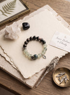 The Resonance of Sovereign Shield | Natural Charoite, Obsidian & Green Rutilated Quartz Beaded Bracelet