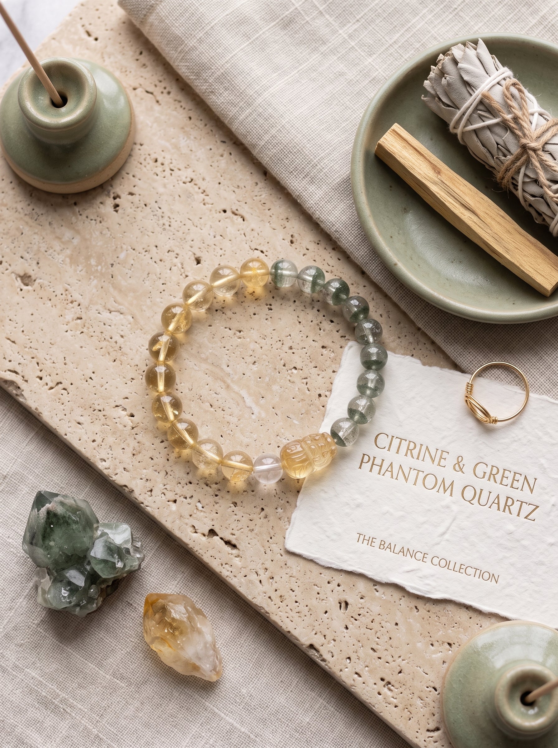 "Sovereign Wealth Matrix" Natural Citrine and Green Phantom Quartz Bracelet: Dual Alignment of Solar Plexus & Heart Chakra for Scaling & Arbitrage