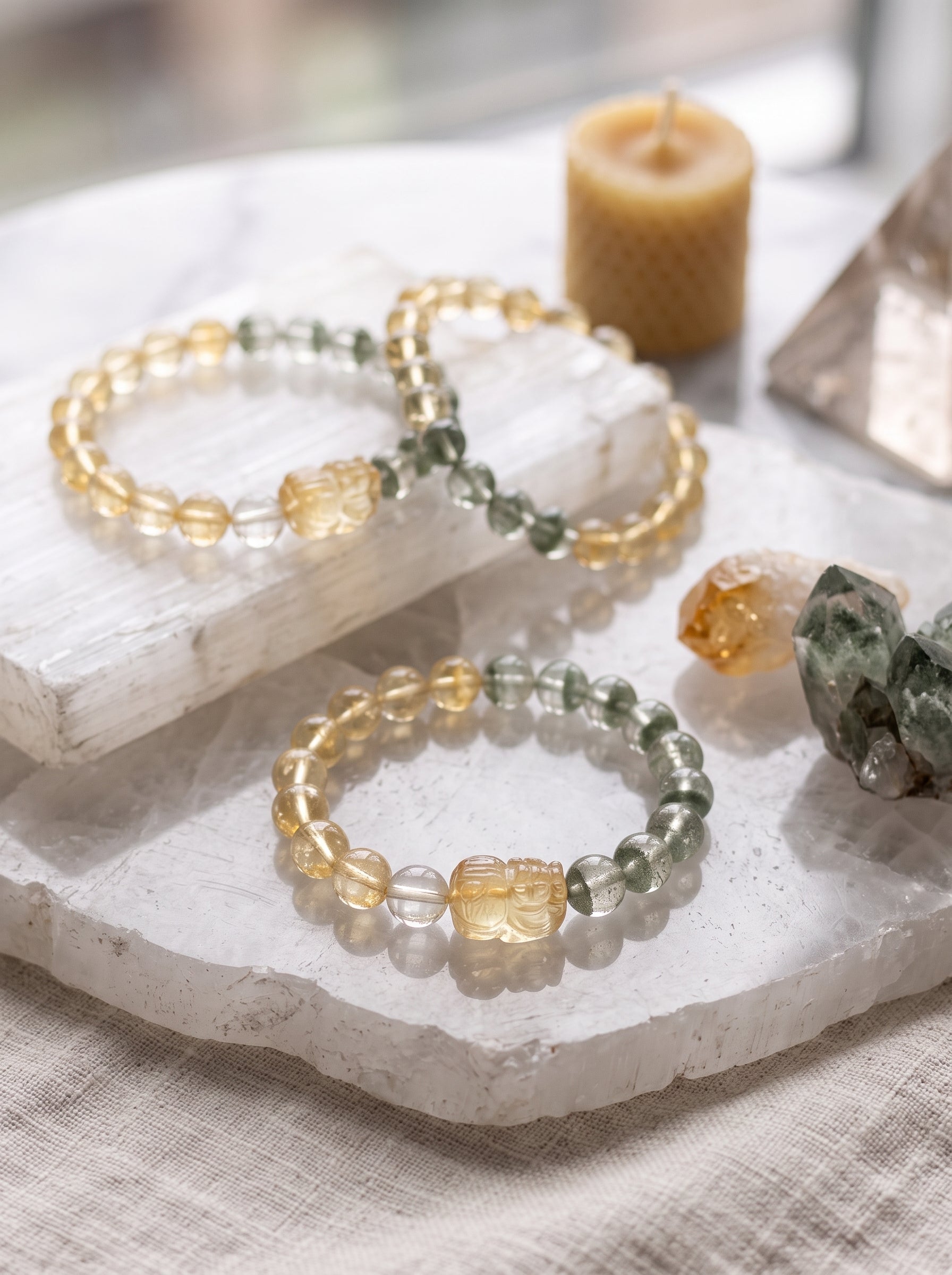"Sovereign Wealth Matrix" Natural Citrine and Green Phantom Quartz Bracelet: Dual Alignment of Solar Plexus & Heart Chakra for Scaling & Arbitrage