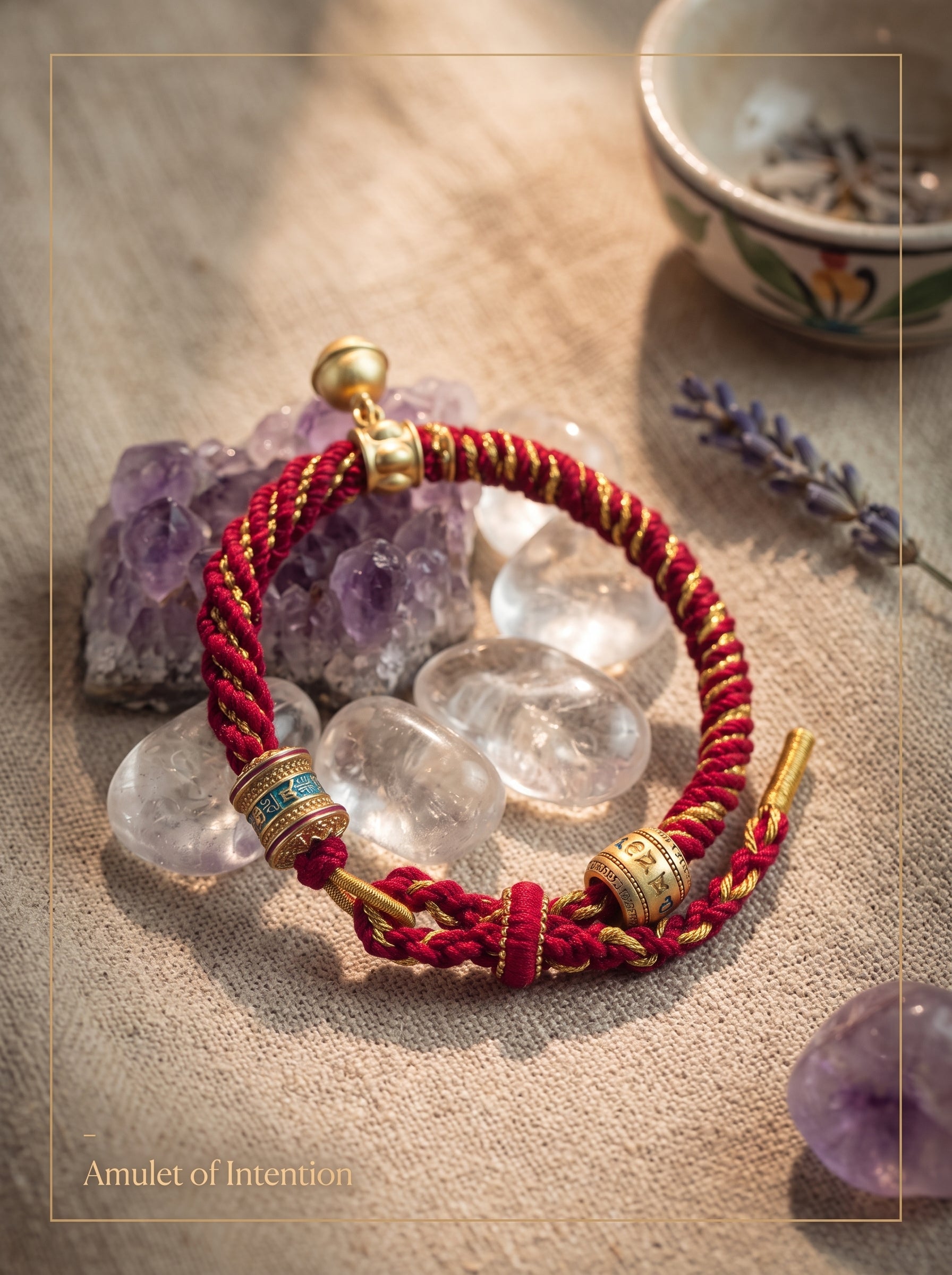 "Vajra Shield" Tibetan Handcrafted Amulet Cord: Pure Gold Thread Knot, Cinnabar/Meteoric Iron Matrix for Executive Protection