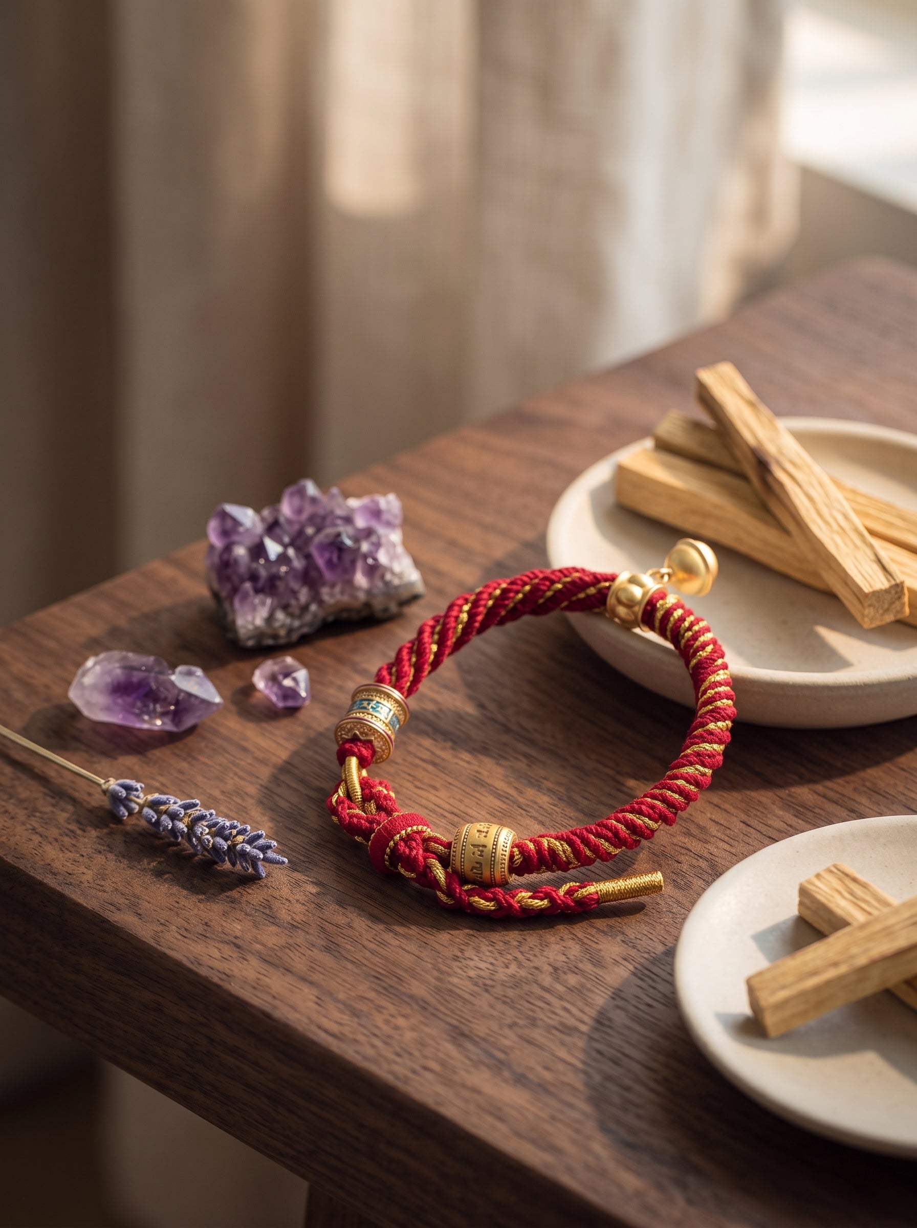 "Vajra Shield" Tibetan Handcrafted Amulet Cord: Pure Gold Thread Knot, Cinnabar/Meteoric Iron Matrix for Executive Protection