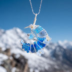 Handcrafted Blue Crystal Crescent Moon & Star Pendant | Wire-Wrapped Floral Necklace