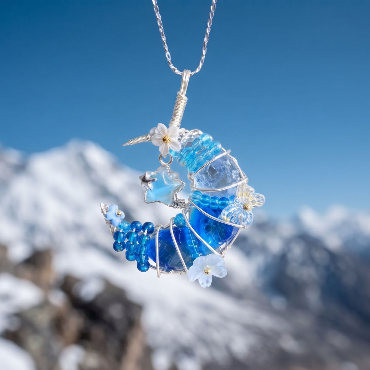 Handcrafted Blue Crystal Crescent Moon & Star Pendant | Wire-Wrapped Floral Necklace