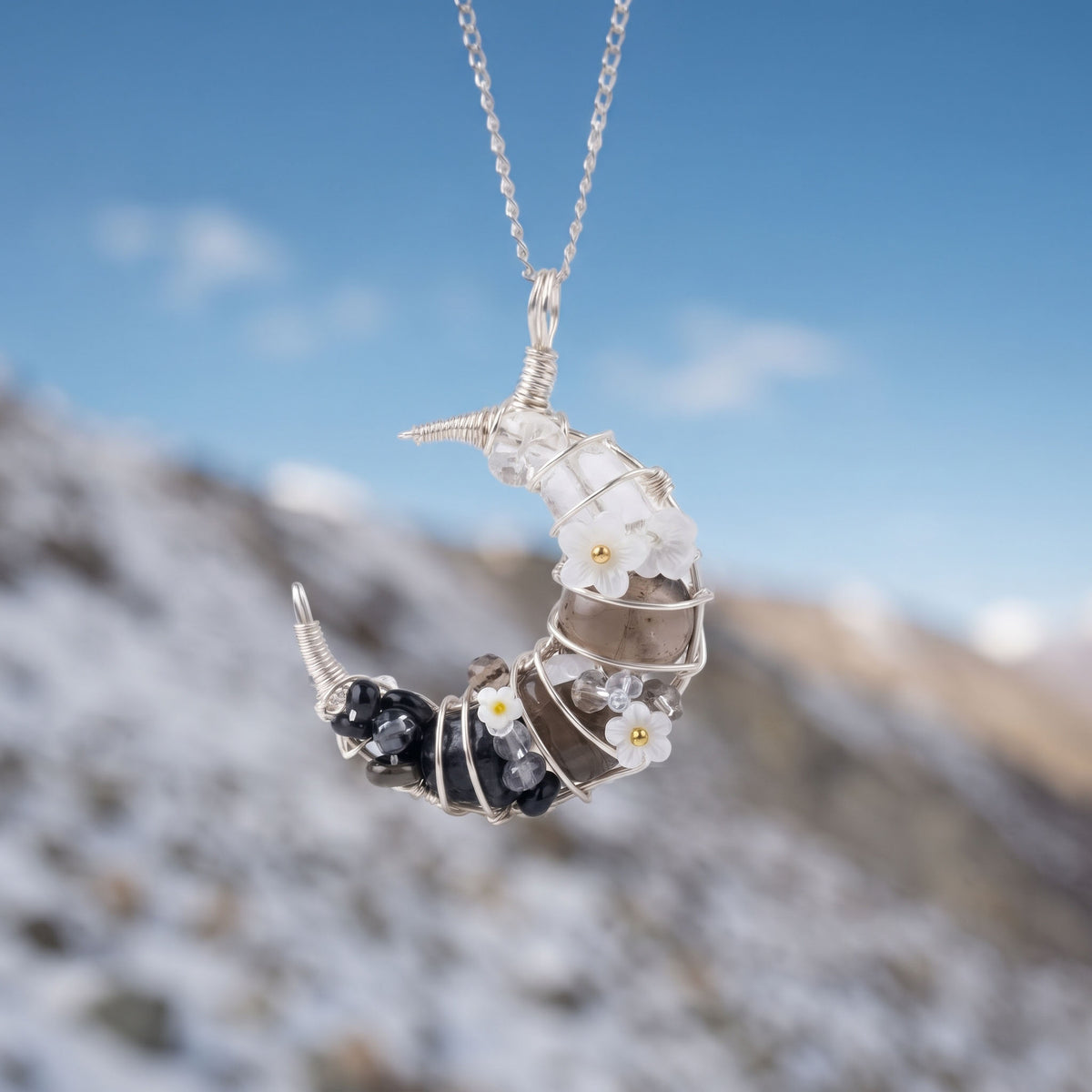Smoky Quartz & Black Obsidian Crescent Moon Pendant | Wire-Wrapped Floral Necklace