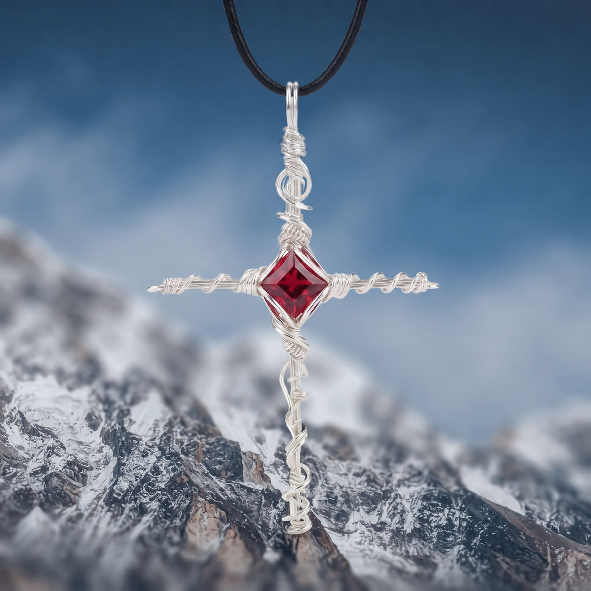 Handcrafted Red Crystal Cross Pendant | Wire-Wrapped Gothic Necklace