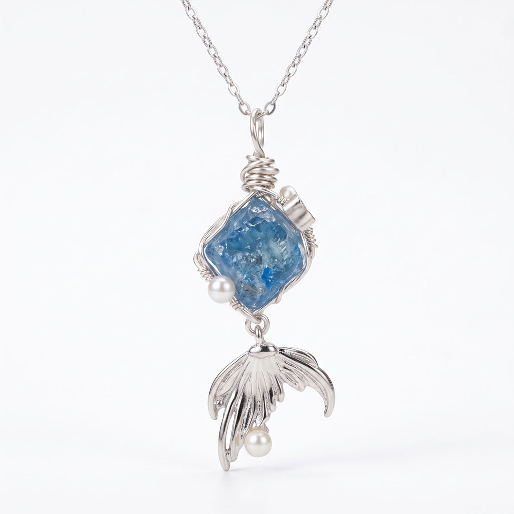 Handcrafted Wire-Wrapped Blue Crystal & Mermaid Tail Pendant | Silver Ethereal Necklace