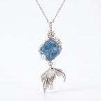 Handcrafted Wire-Wrapped Blue Crystal & Mermaid Tail Pendant | Silver Ethereal Necklace