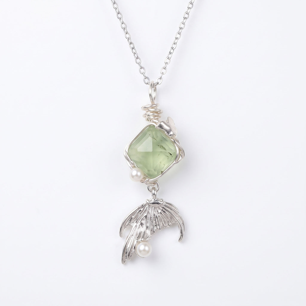 Artisan Wire-Wrapped Green Prehnite & Mermaid Tail Necklace | Ethereal Silver Jewelry