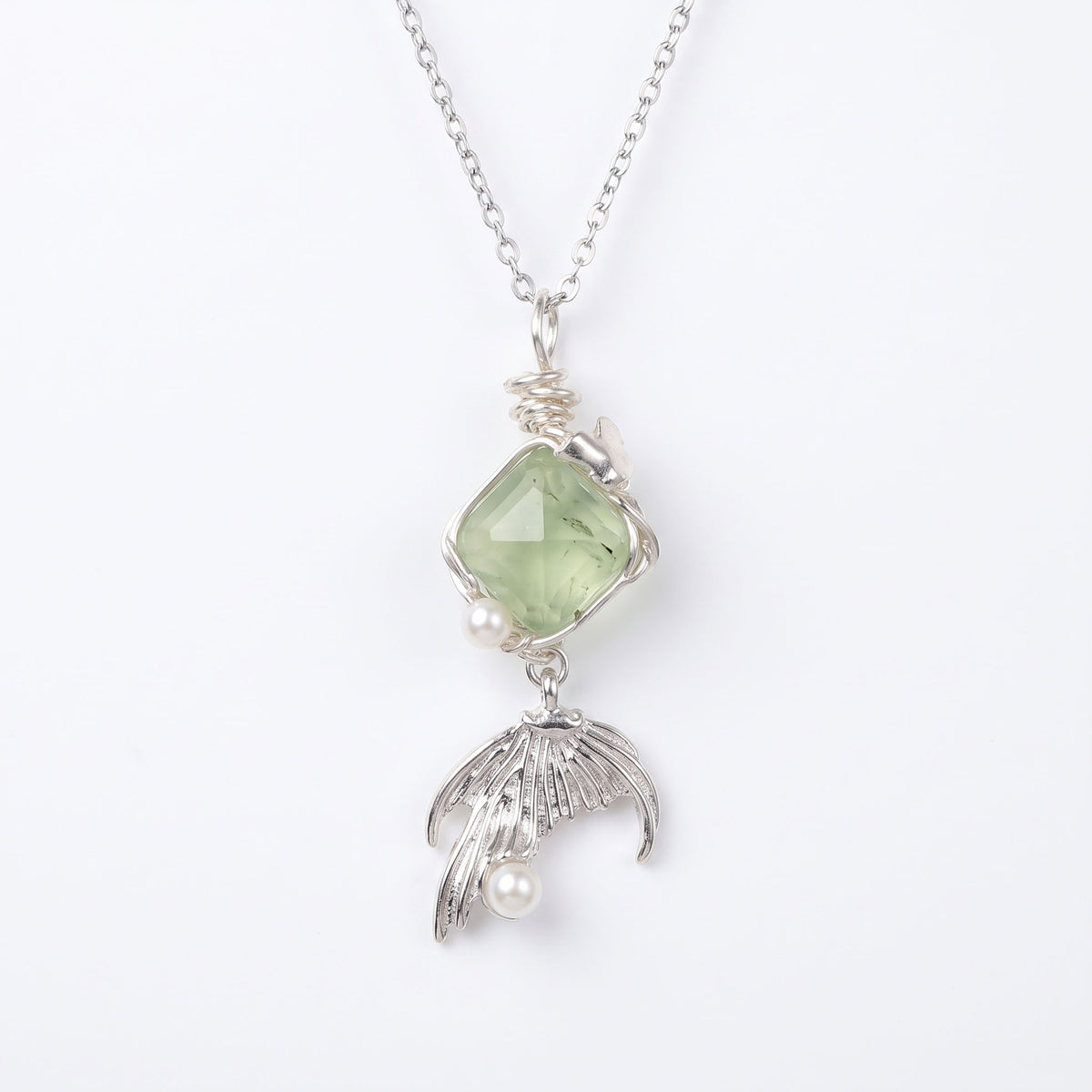 Artisan Wire-Wrapped Green Prehnite & Mermaid Tail Necklace | Ethereal Silver Jewelry