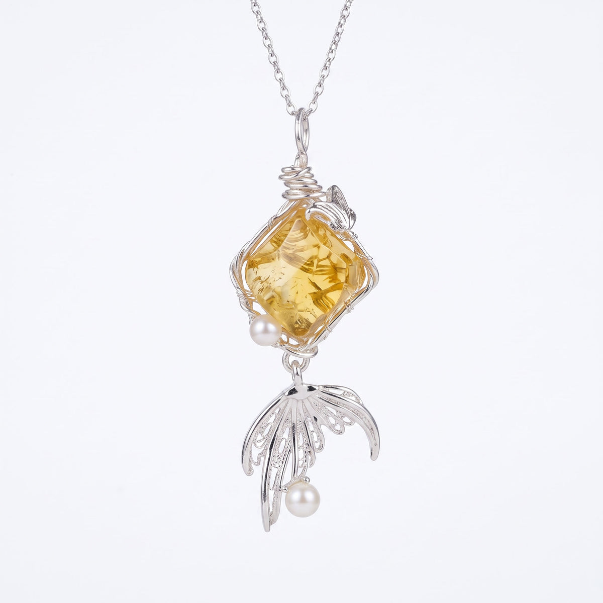 Mermaid Tail & Citrine Pendant | Handcrafted Silver Wire-Wrapped Fantasy Necklace