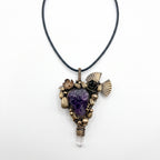 Raw Amethyst Crystal Brass Pendant | Wire-Wrapped Rose & Fan Bronze Necklace