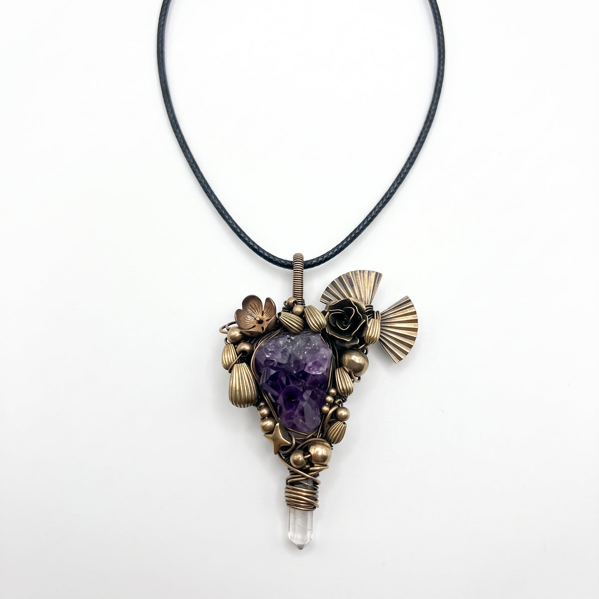 Raw Amethyst Crystal Brass Pendant | Wire-Wrapped Rose & Fan Bronze Necklace