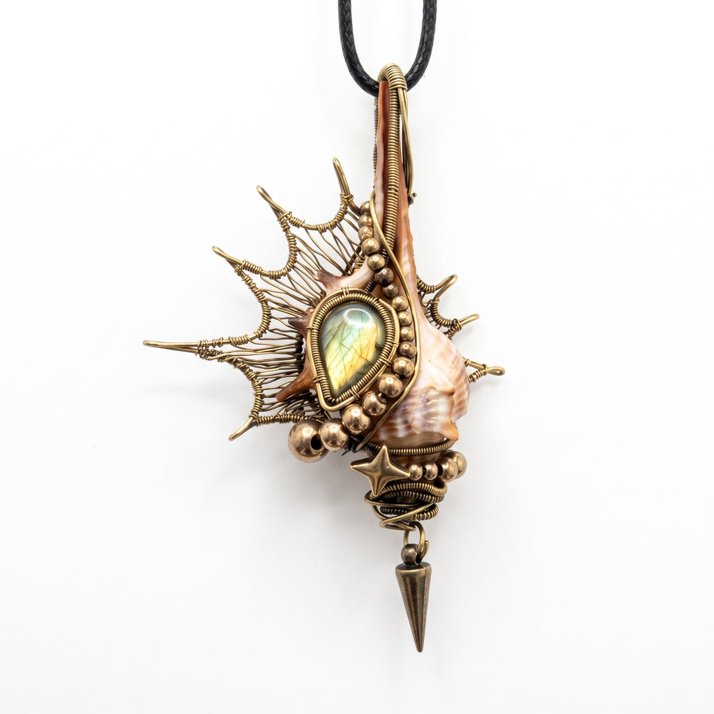Labradorite Shell Brass Pendant | Wire-Wrapped Sunburst & Star Necklace